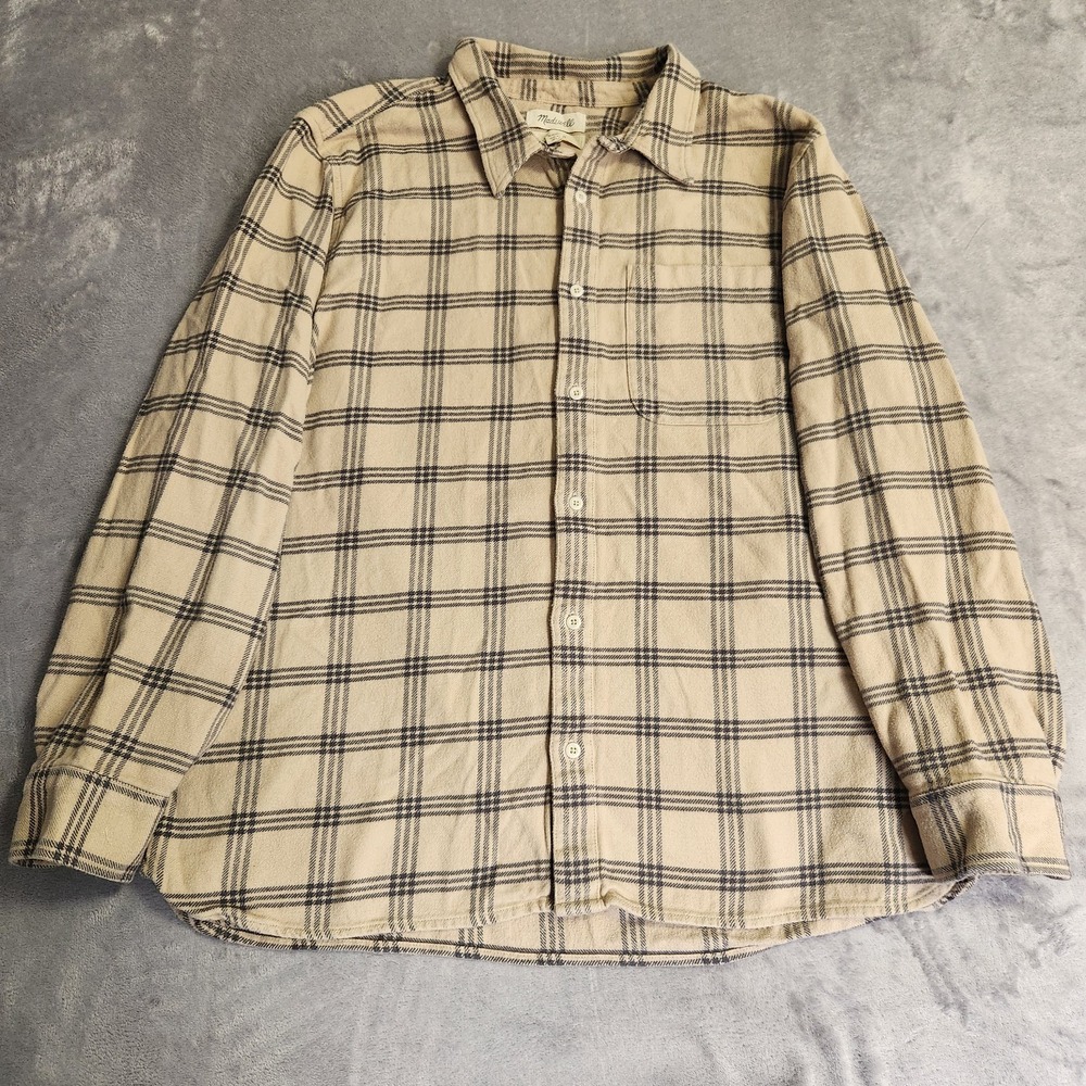 Madewell Perfect Fit Plaid Flannel Shirt Beige Tan Long Sleeve XXL 100% Cotton